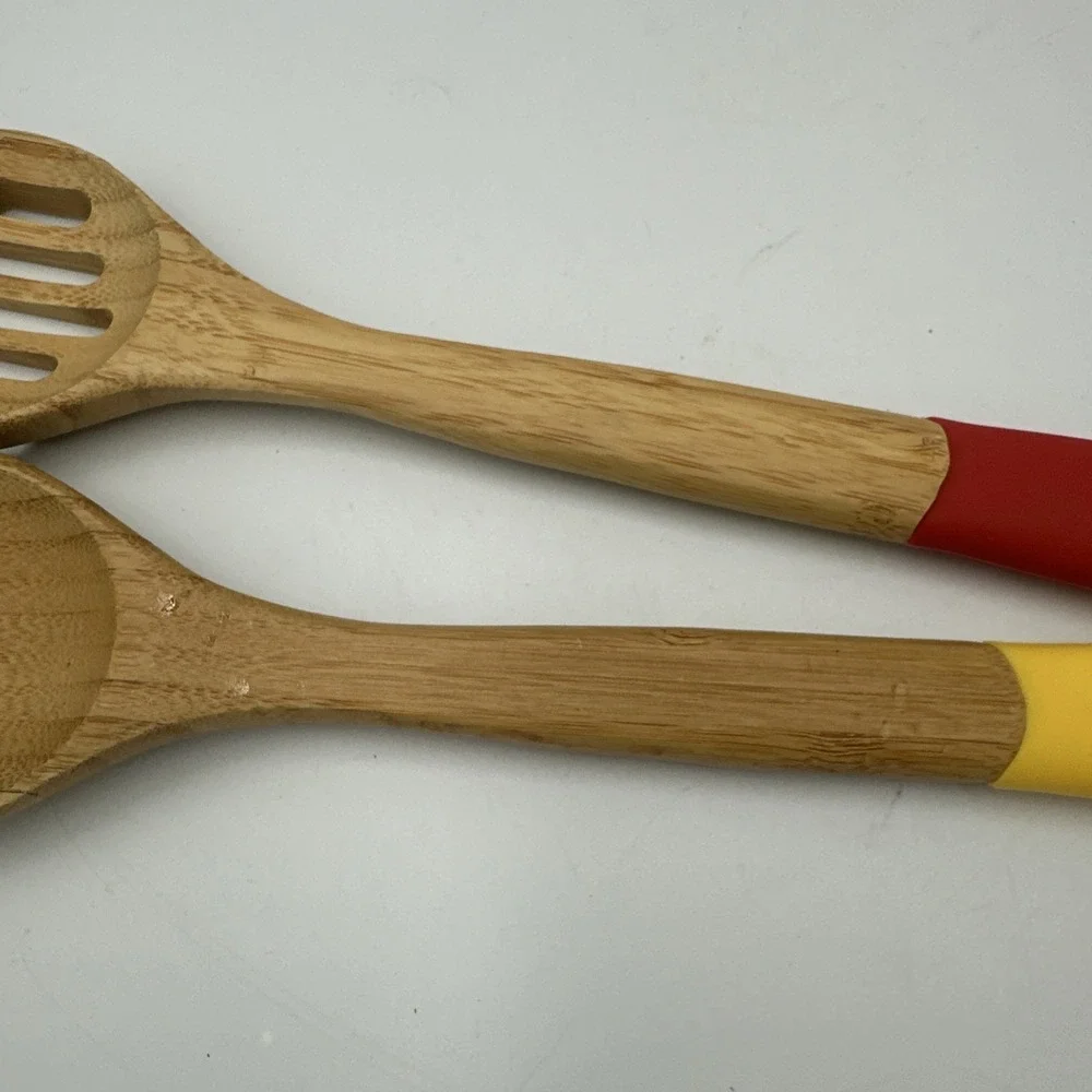Fiesta 2 Piece Utensil Bamboo Servers Spoon Slotted SUNFLOWER Yellow & Red READ